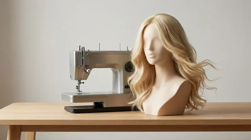 דוגמנית עם שיער כסוף-בלונד ארוך ומלא, לובשת תלבושת צנועה ואלגנטית